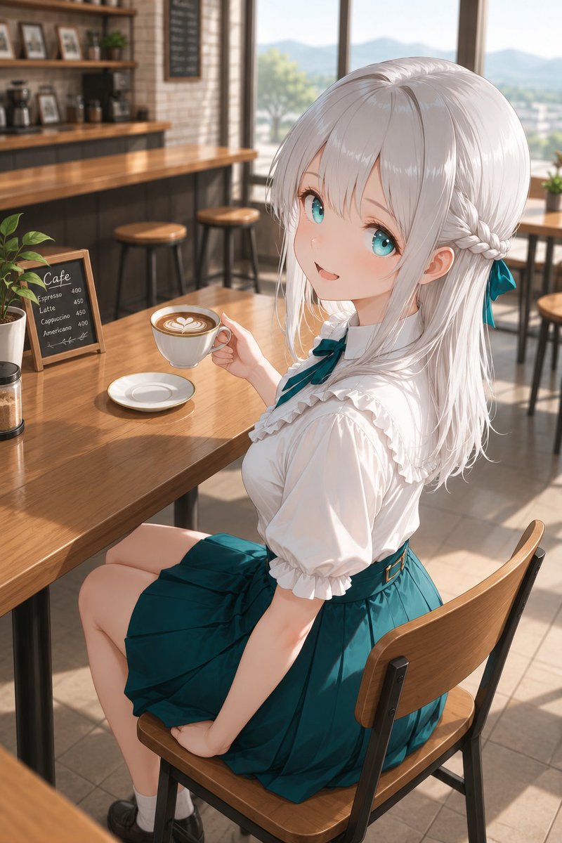 Silver-Haired Girl in a Sunny Cafe