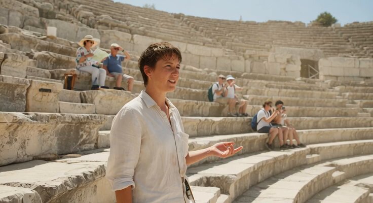 Grok Imagine Video Prompt: Italian Amphitheater Tour Guide
