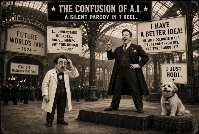 Grok Imagine Video Prompt: Elon Musk Silent Film Parody