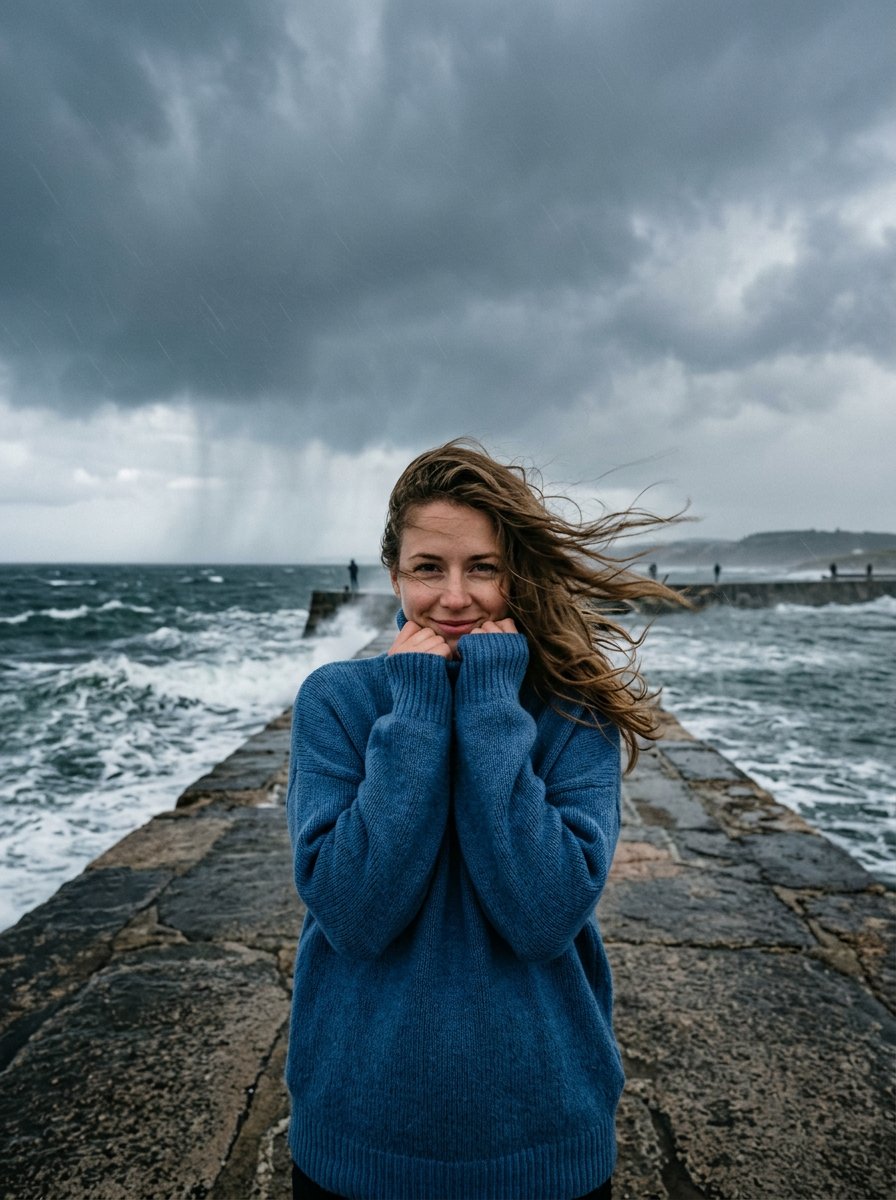 Cinematic Stormy Seaside Pier Portrait