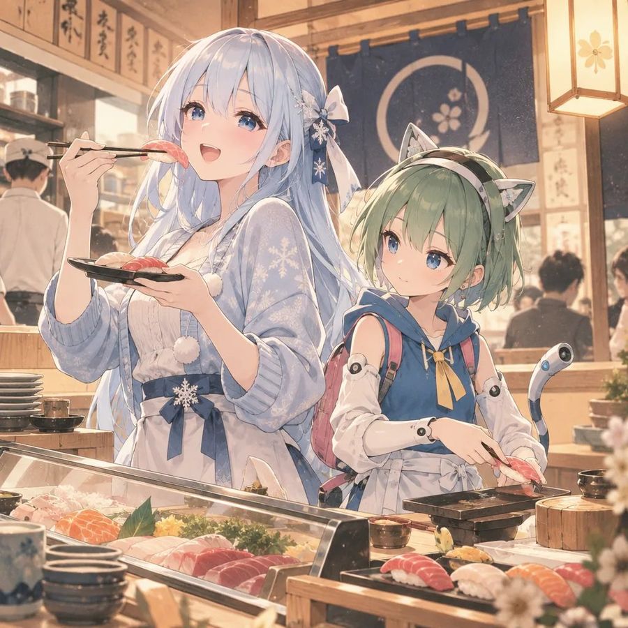Anime Girls Eating Sushi