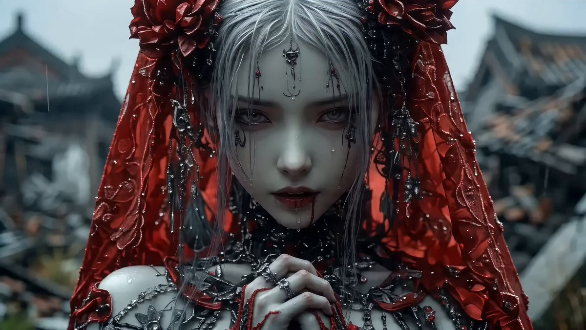 Gothic Asian Woman in Rainy Ruins Video Prompt