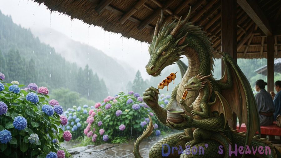 Dragon Family Enjoying Dango in the Rain