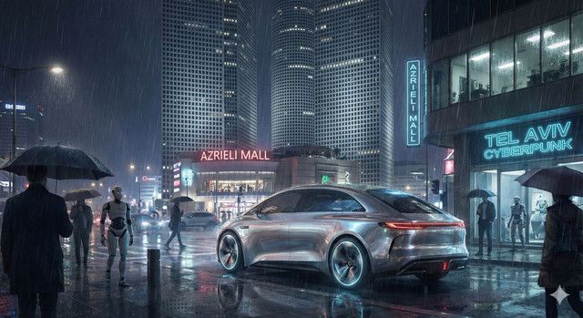 Futuristic Car in Rainy City