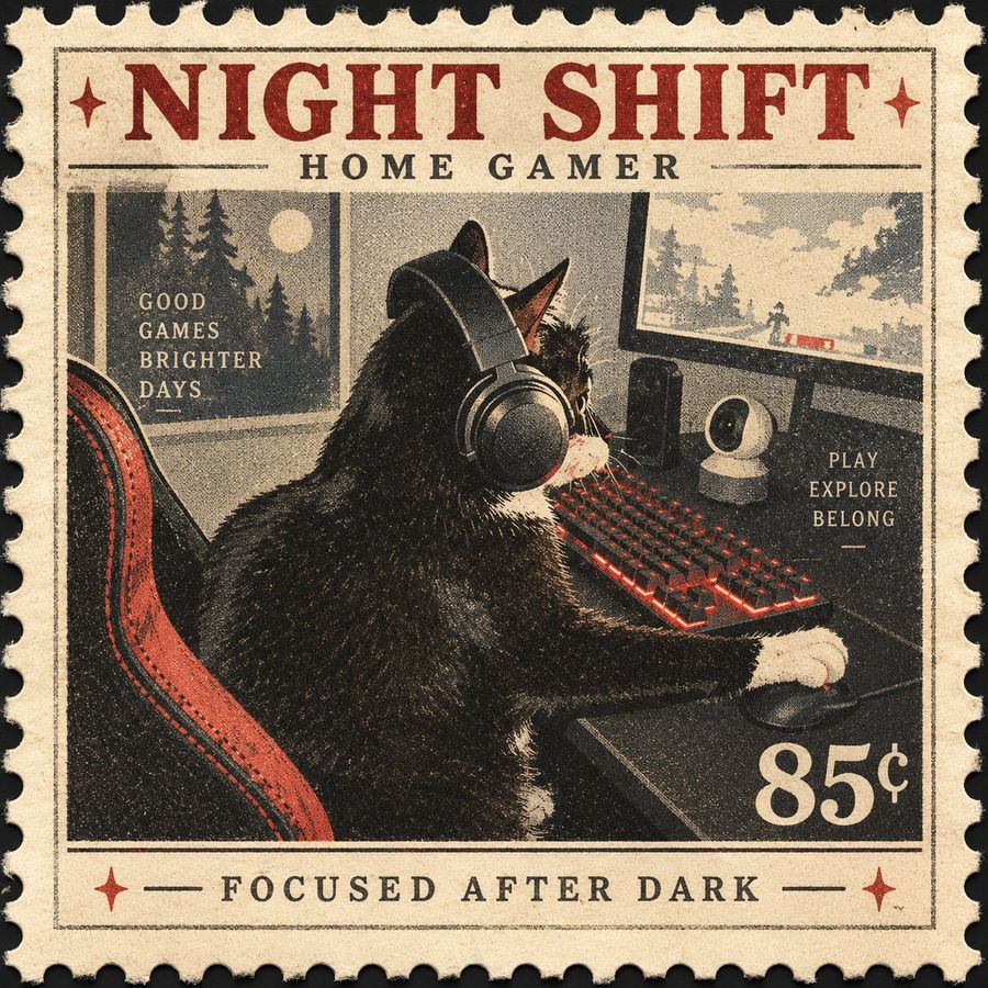 Vintage Night Shift Gaming Cat Stamp