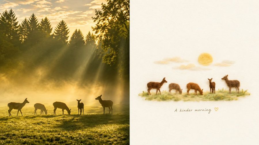 Golden Deer Dawn Needle Felt Art