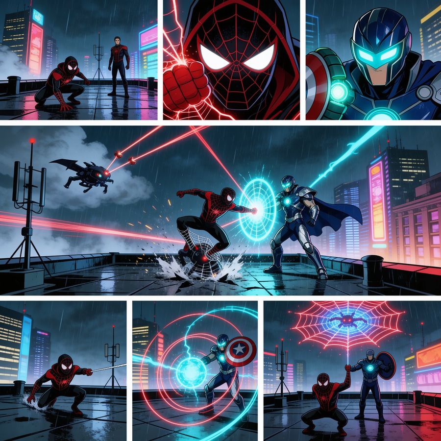 Cyberpunk Superhero Comic Page in the Rain