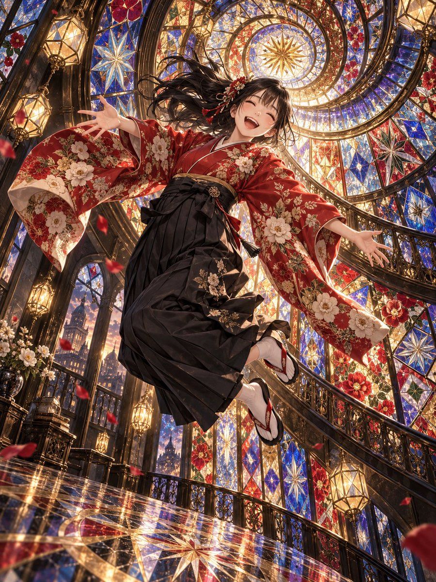 Kimono Girl in Stained Glass Hall