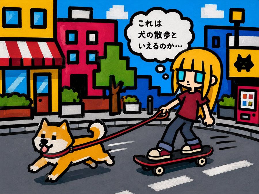 Cartoon Girl Skateboarding with Dog