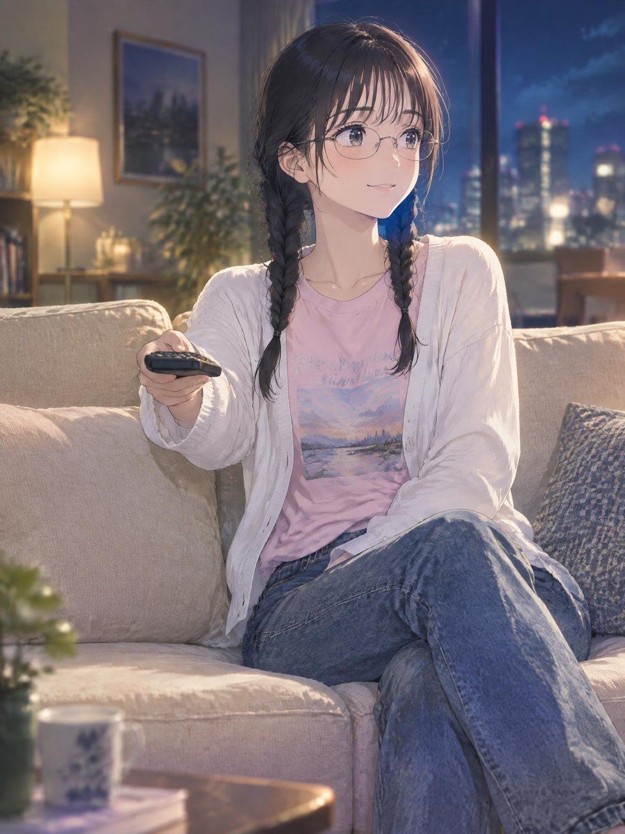 Anime Girl with Glasses Watching TV