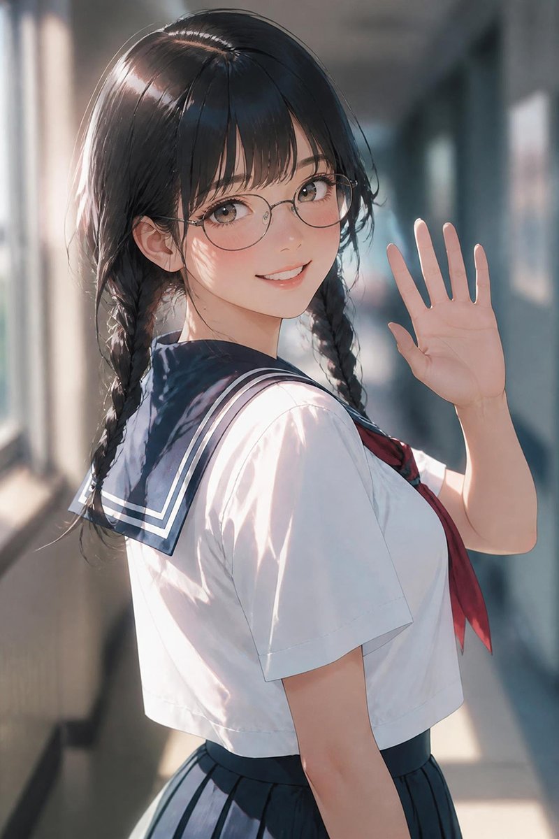 Schoolgirl Waving in Sunny Corridor