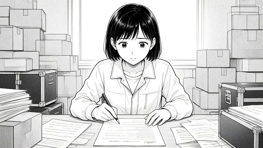 Manga Woman Writing in Storage Office