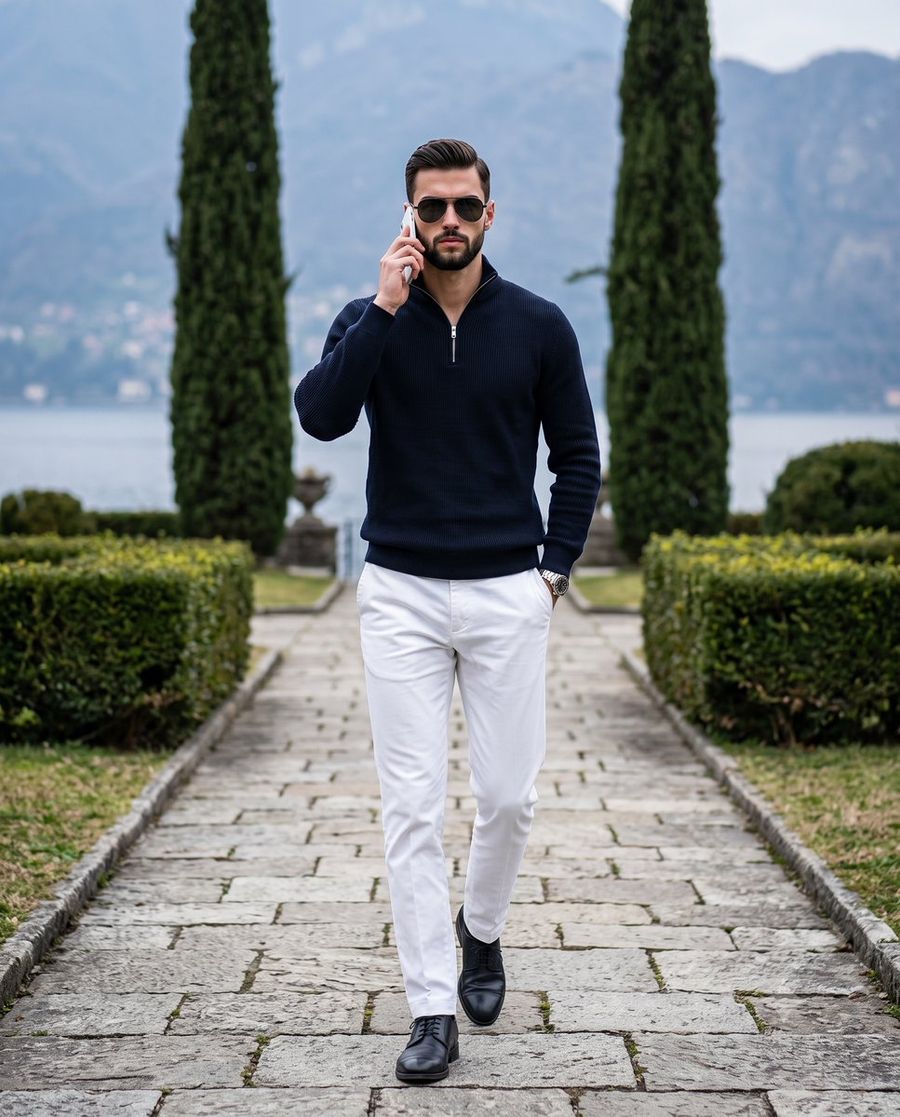 Fashionable Man on Garden Path