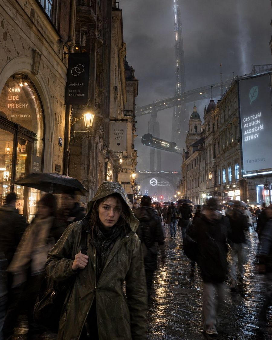 Cyberpunk Prague Street in the Rain