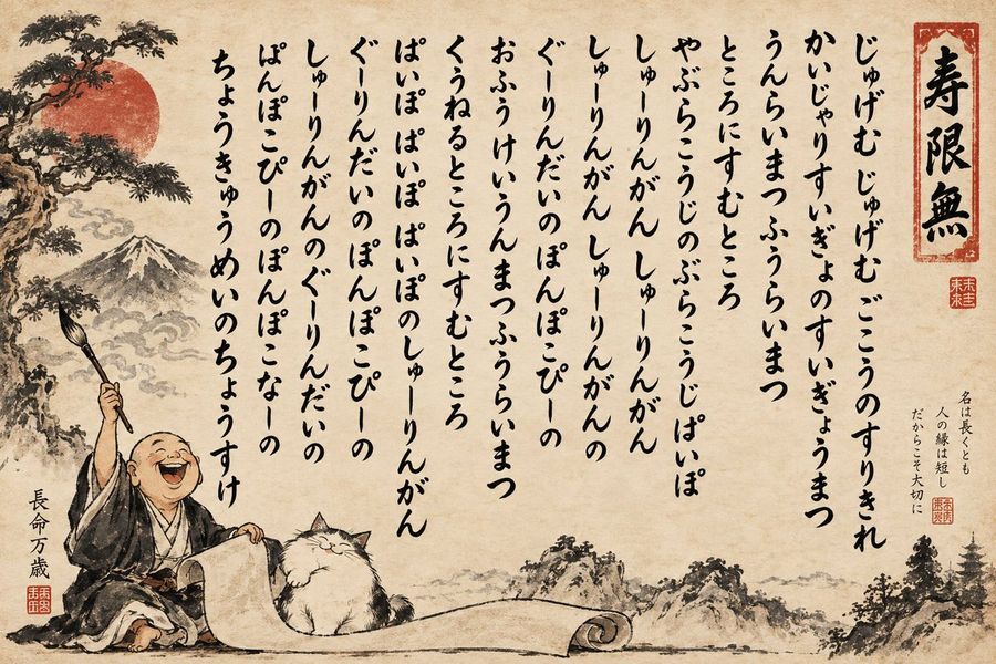 Humorous 'Jugemu' Ink Wash Calligraphy Poster