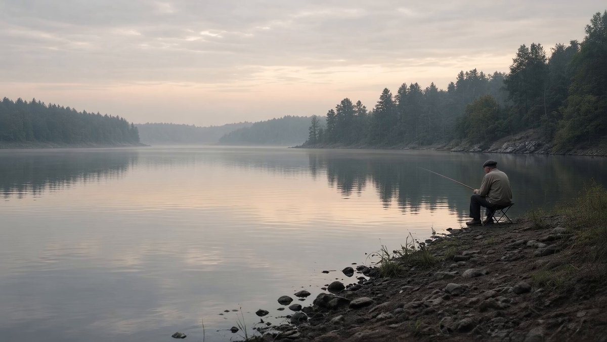 Serene Scene of a Solitary Fisherman