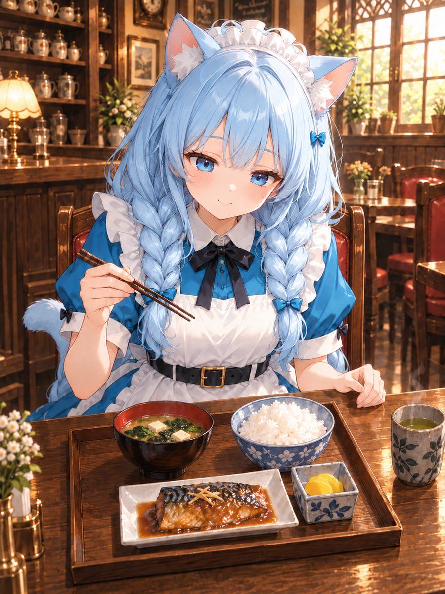 Cat-Ear Maid Enjoying Japanese Lunch
