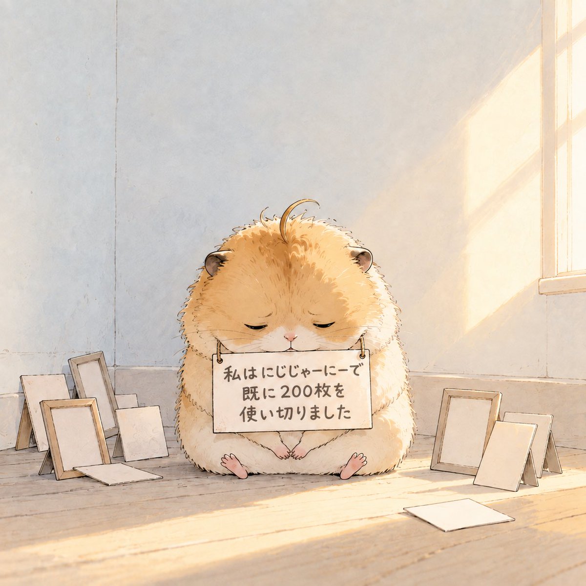 Fluffy Hamster Holding a Japanese Sign