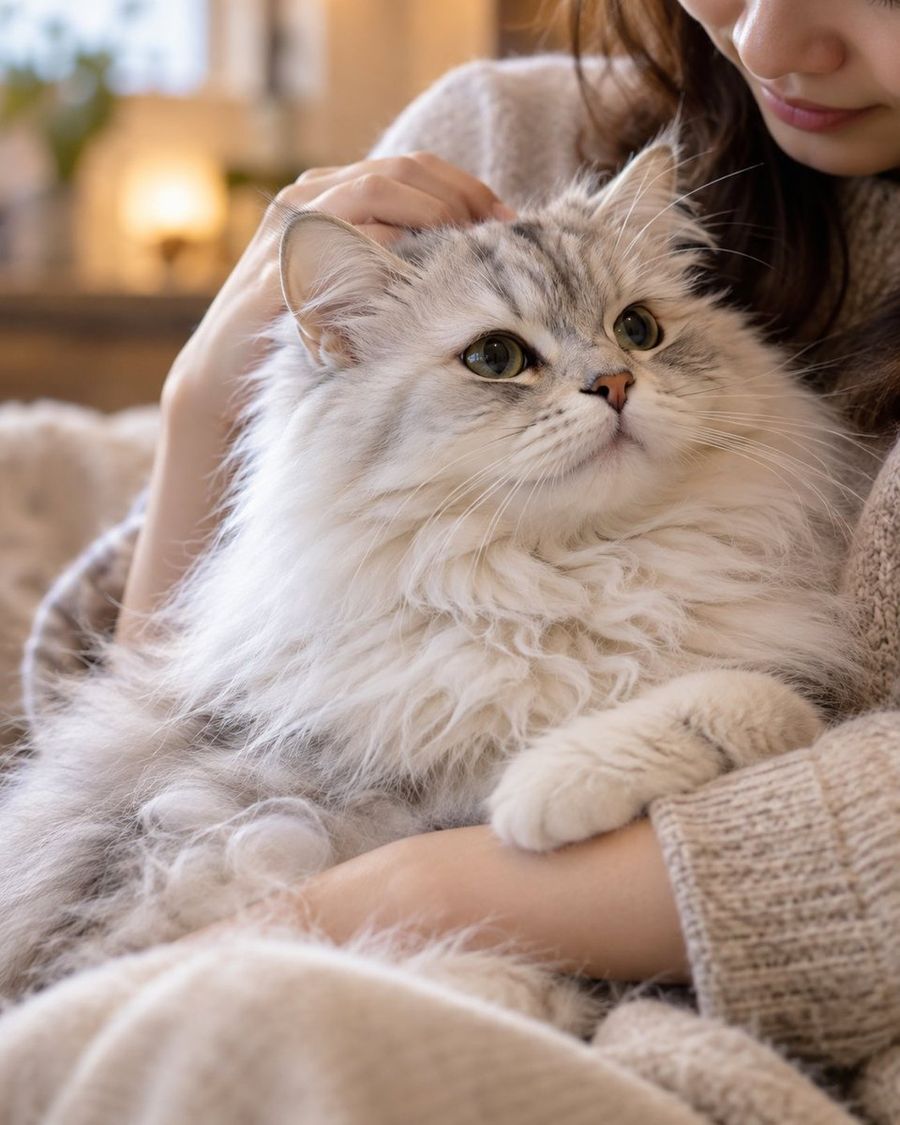 Cozy Portrait: Woman Holding Fluffy Silver Tabby Cat