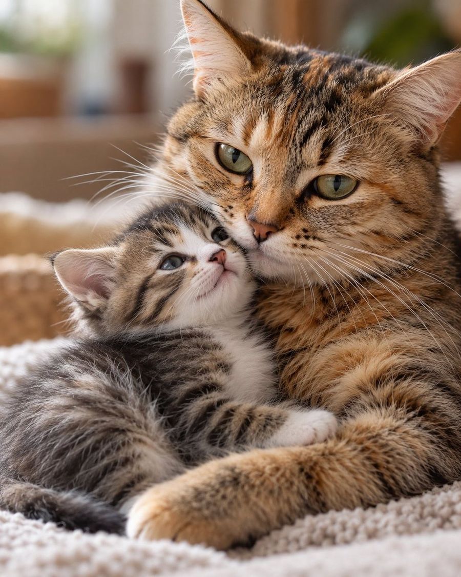 Mother Cat Nuzzling Kitten