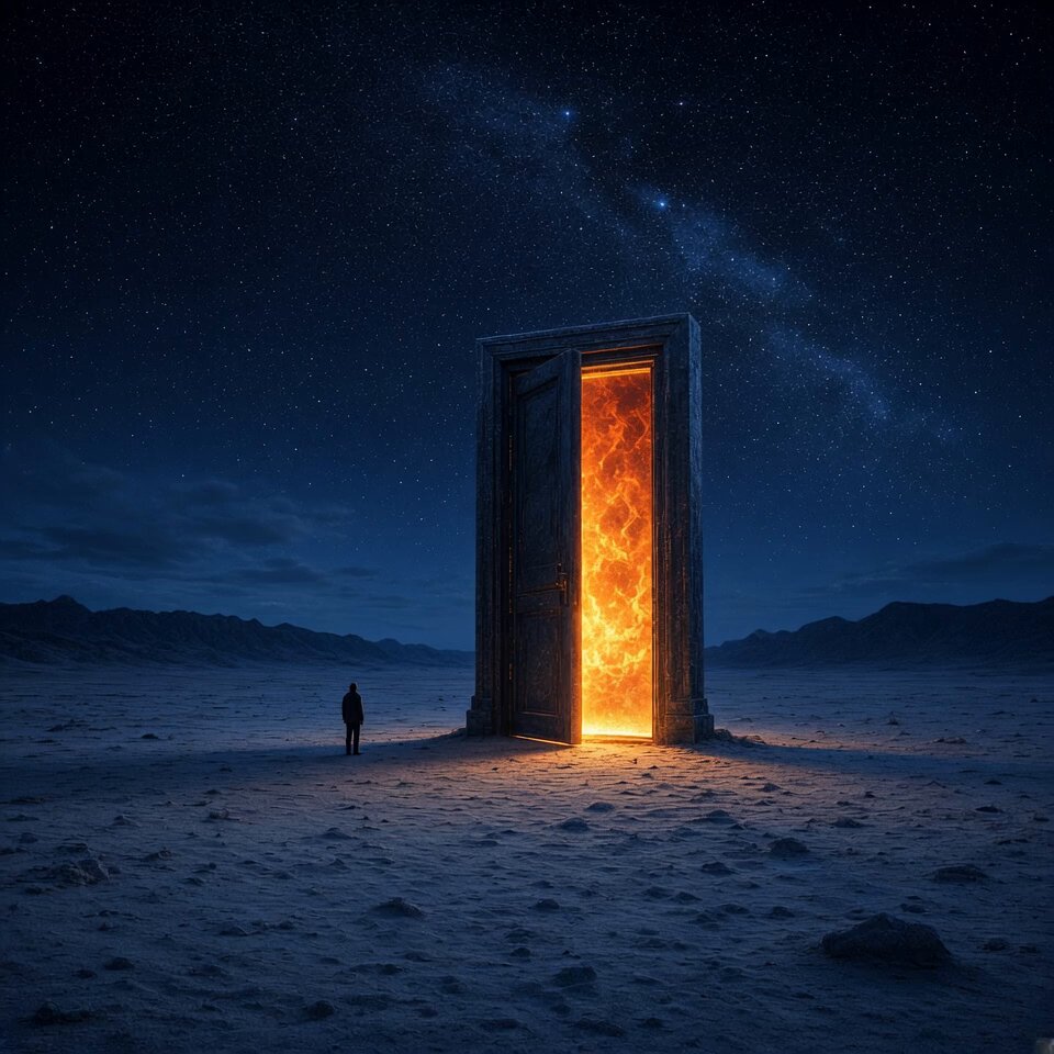 Glowing Door in Desert Night Sky