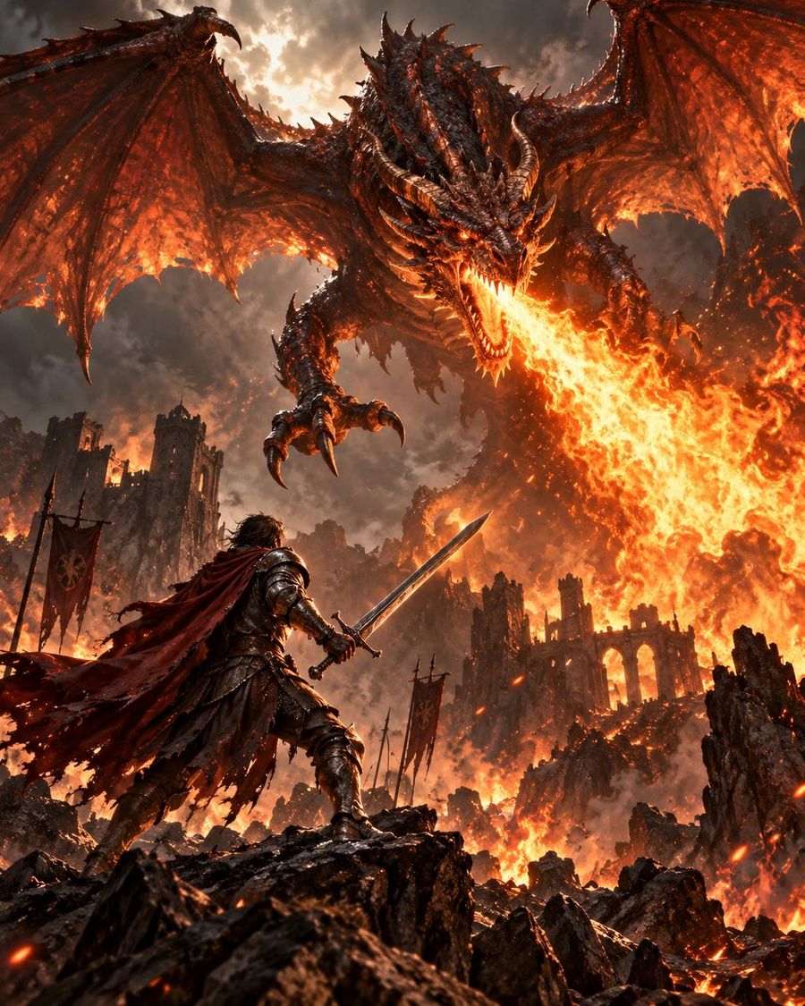 Fantasy Art of Warrior and Fire Dragon