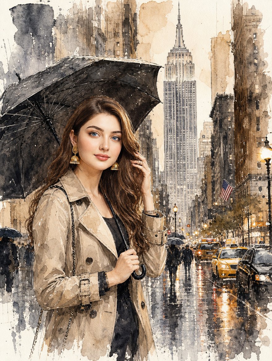 New York Rainy Day Watercolor Portrait