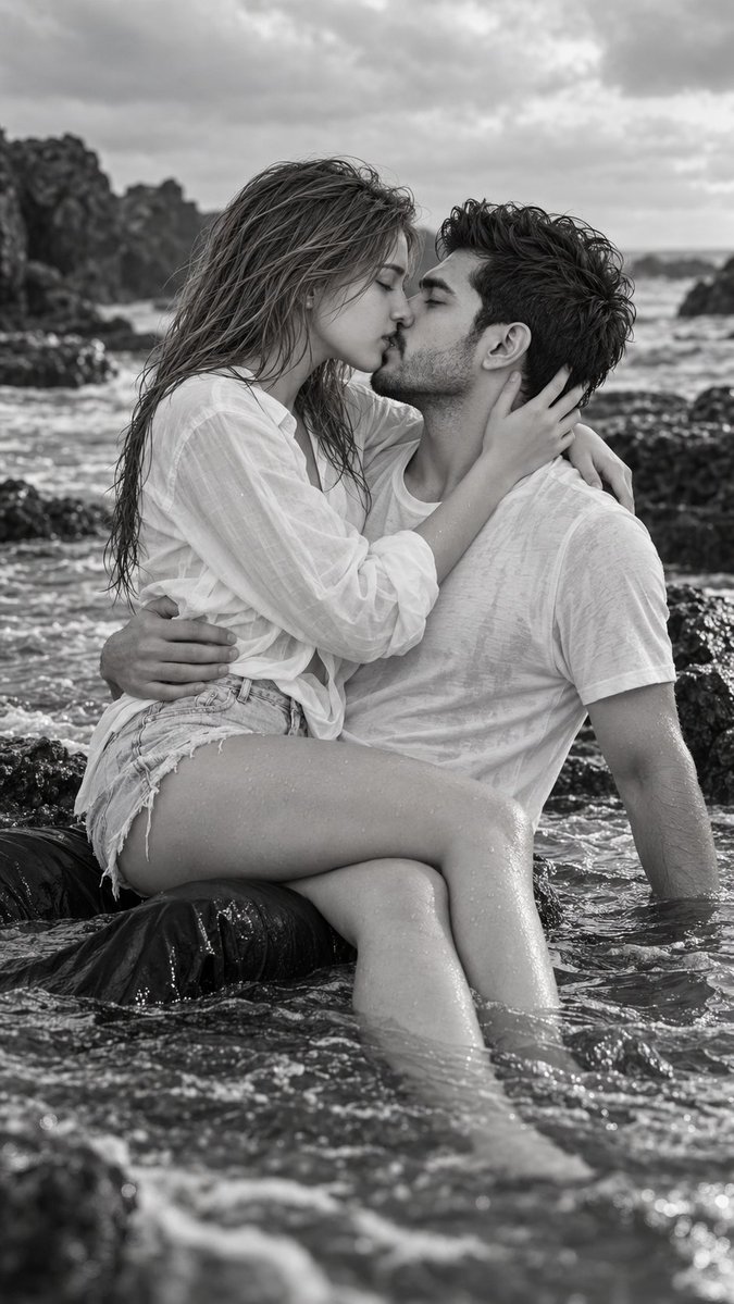 B&W Seaside Kiss Portrait