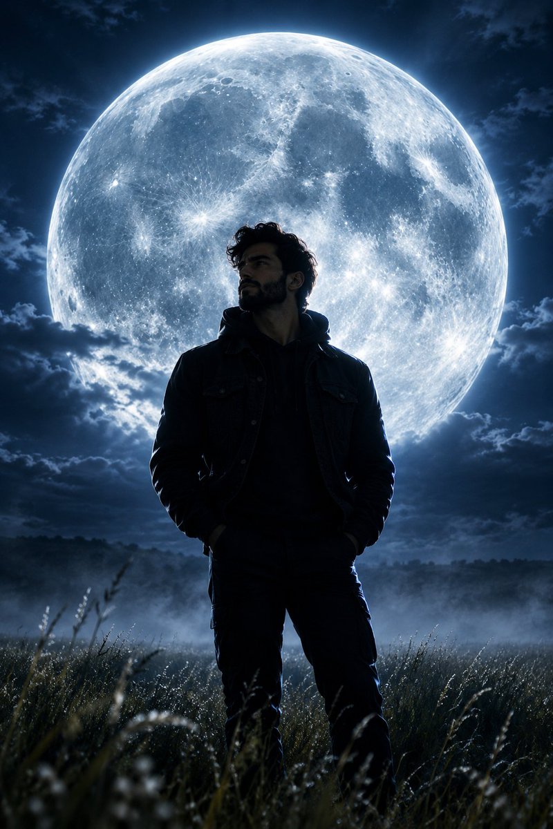 Night Silhouette Under Giant Moon