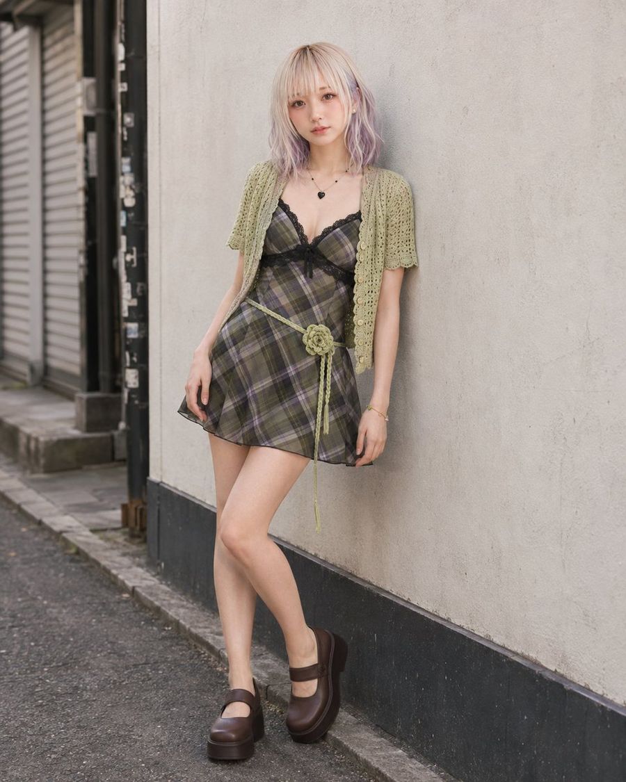 Pistachio Crochet Cardigan and Plaid Mini Dress