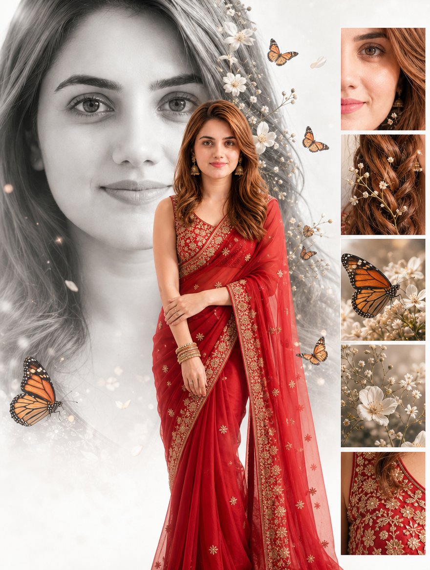 Cinematic Red Saree Fashion Collage