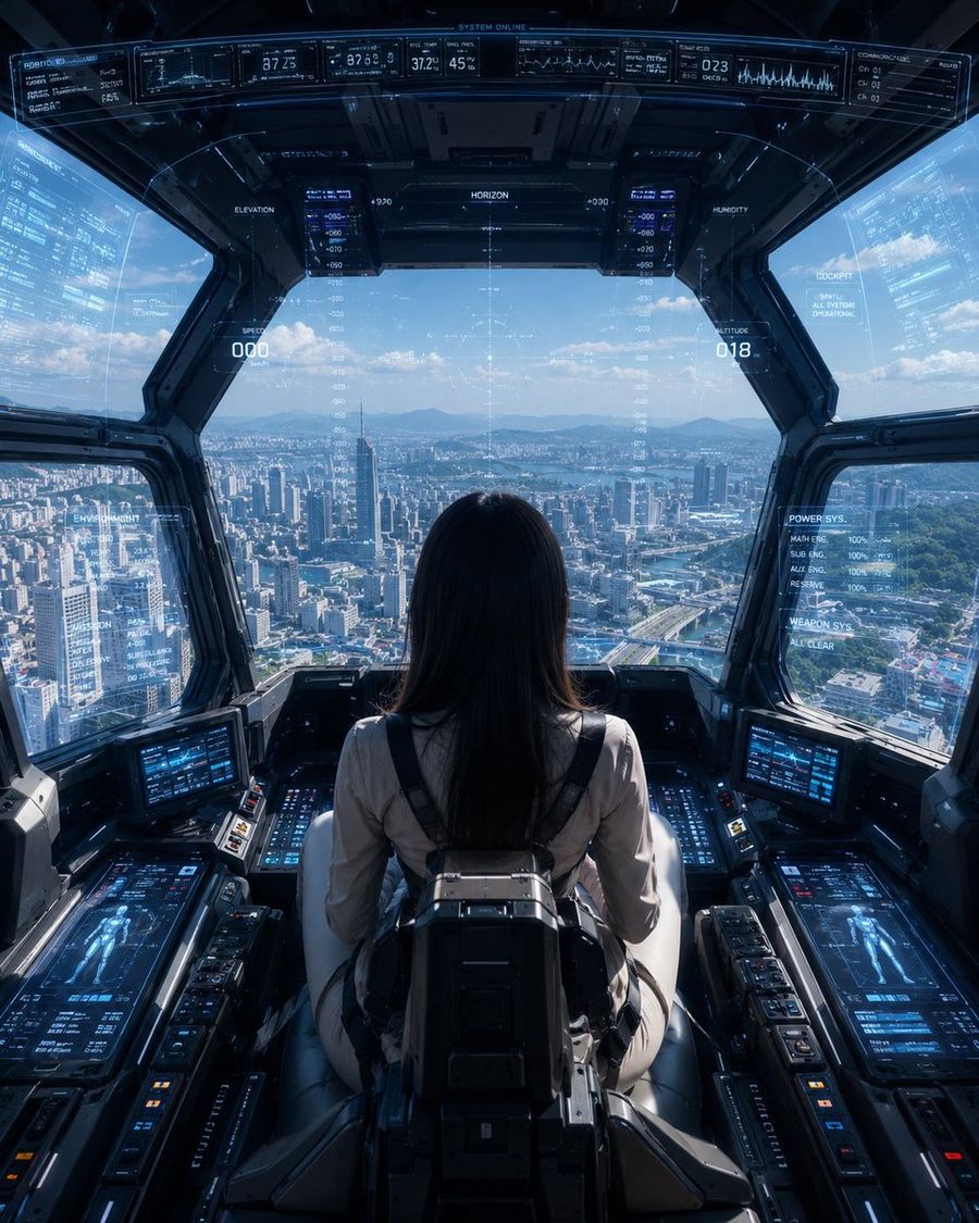 Mecha Cockpit Overlooking City