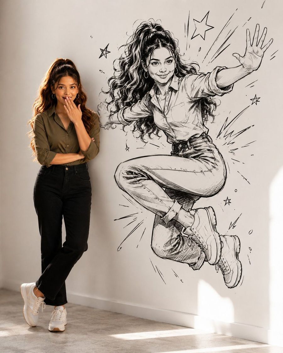 Half-Realistic Half-Manga Jumping Portrait