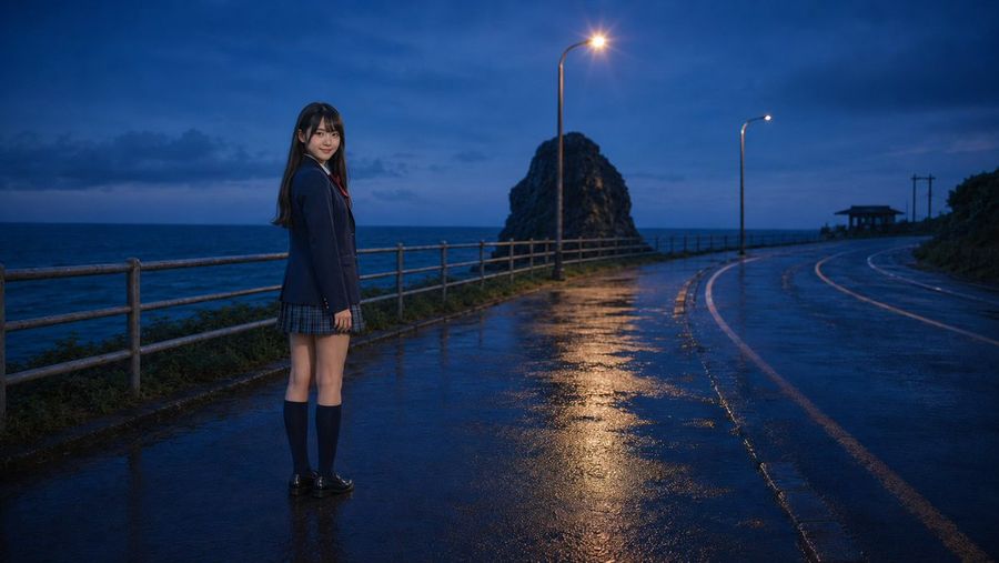 Schoolgirl on Coastal Road in Rain