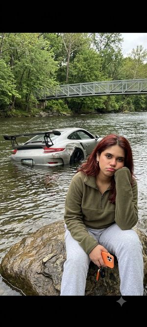 Woman Beside a Submerged Porsche