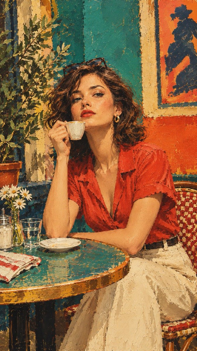 Vintage European Cafe Oil Painting Portrait