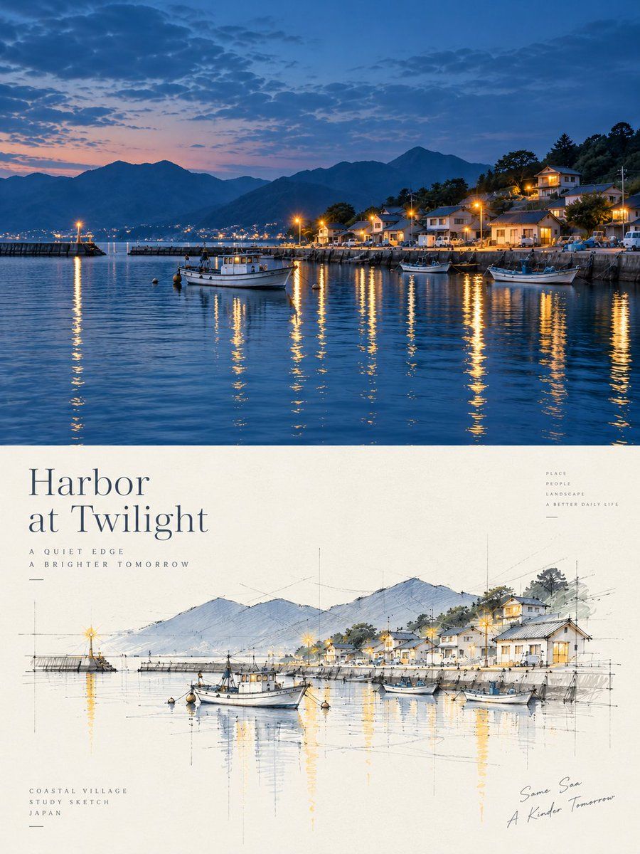 Harbor Twilight Photography and Architectural Sketch Poster