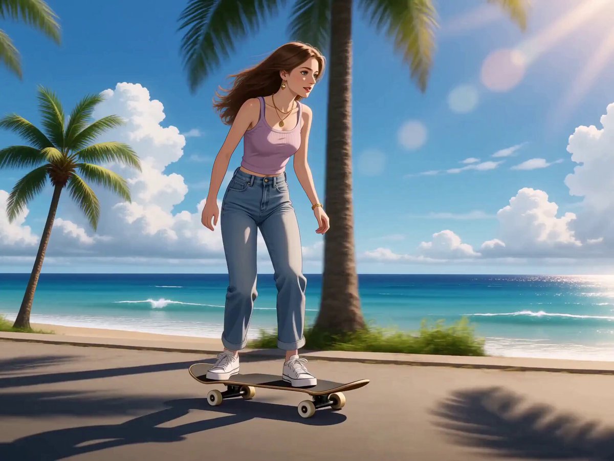 Anime Style Coastal Town Skateboard Girl Prompt