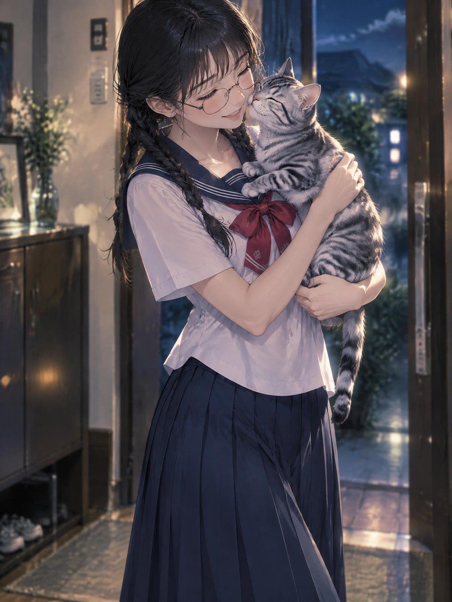 Anime Girl with Glasses Holding a Cat