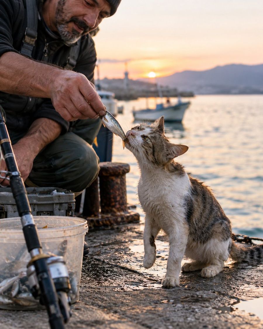 Fisherman Feeding a Stray Cat