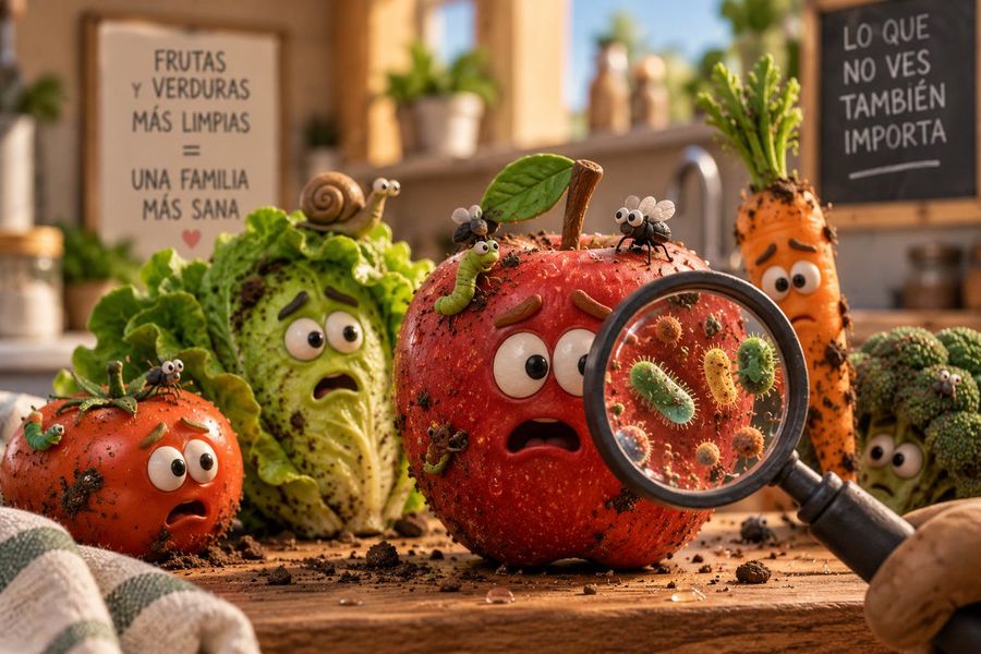 Dirty Produce and Bacteria Kitchen Scene