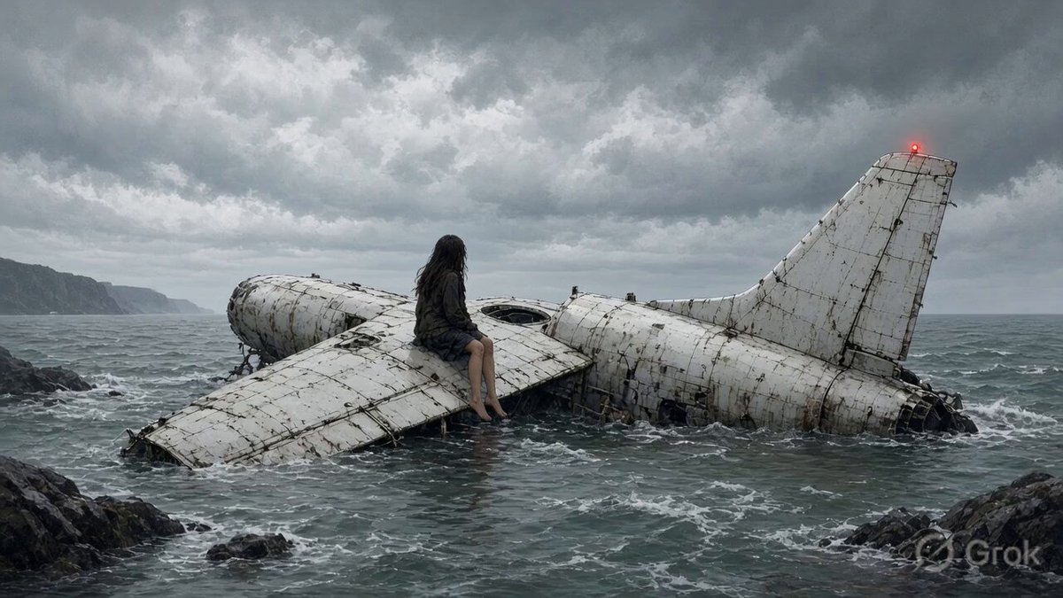 Plane Wreckage and Stormy Sea Scene