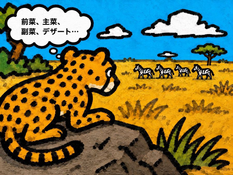 Picture Book Style: Leopard and Thought Bubbles on Savanna