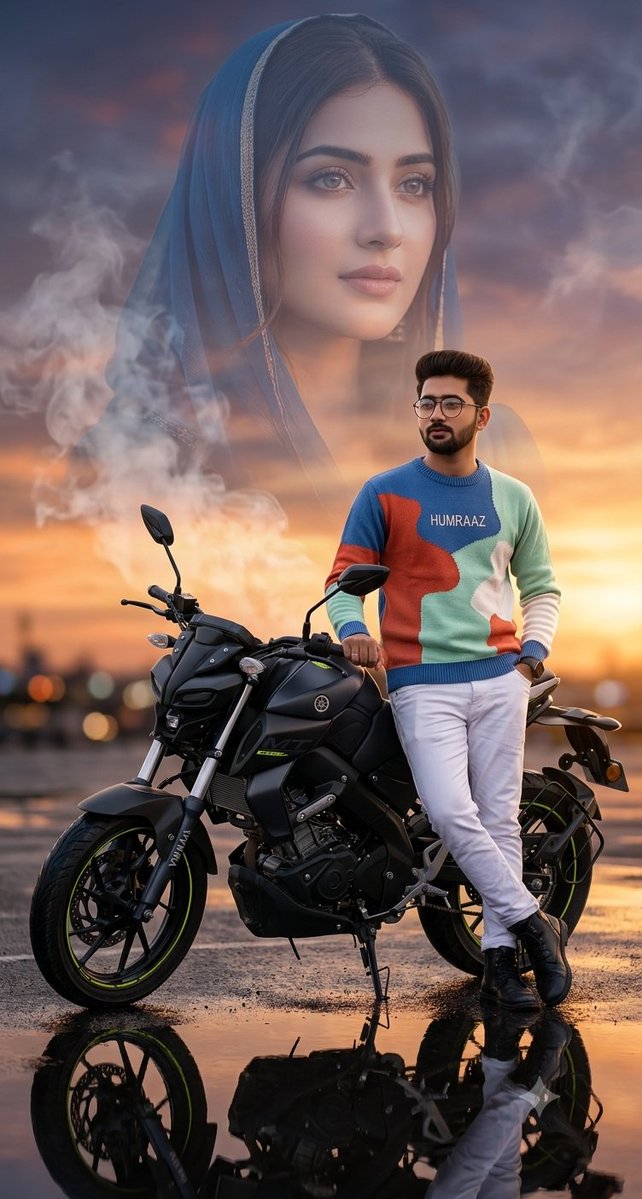 Motorcycle Sunset Double Exposure Portrait