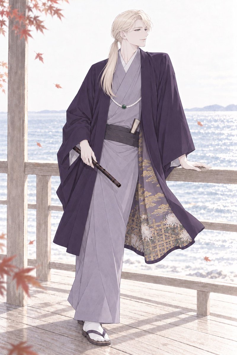 Man in Autumn Kimono by the Sea
