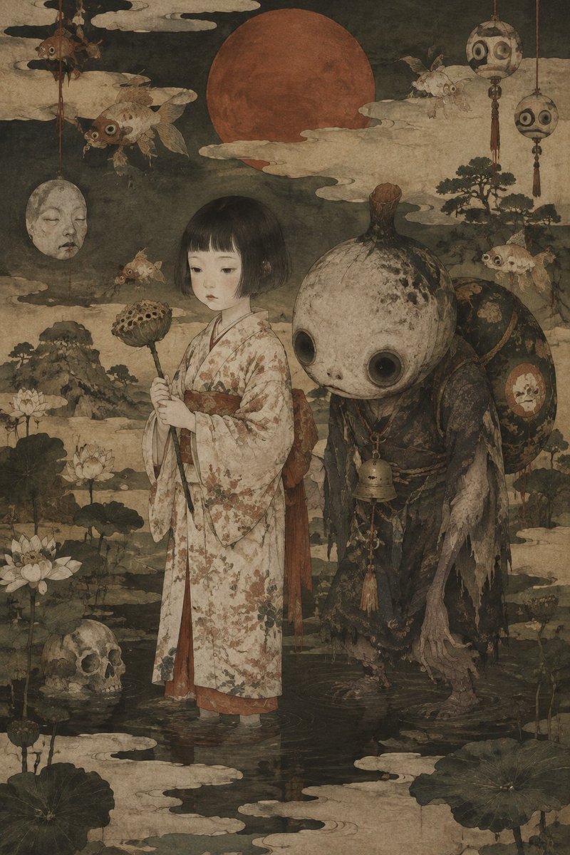 Girl and Yokai in a Pond