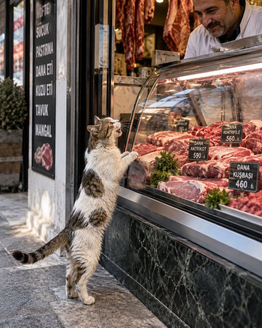 Cat Begging Butcher for Meat
