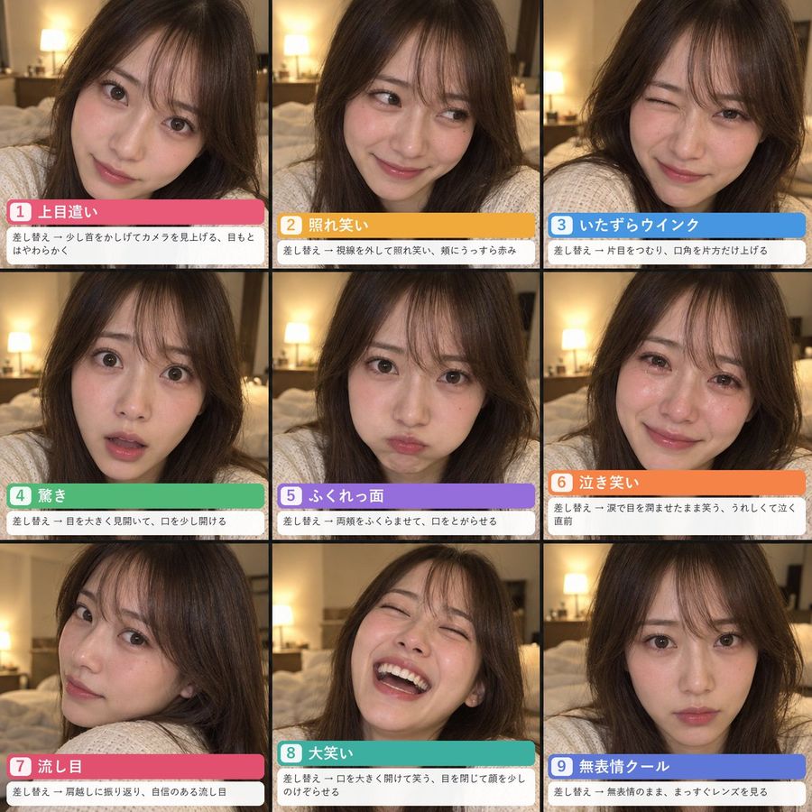 Nine Japanese Selfie Expression Reference Sheet