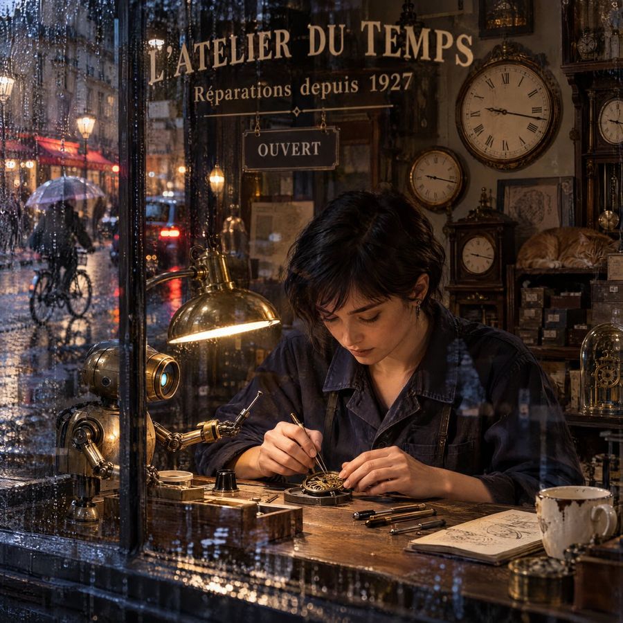Paris Watchmaker Scene Reimagined in Rain