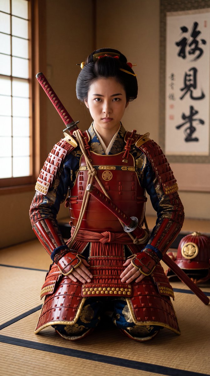 Japanese Female Samurai in Red Armor